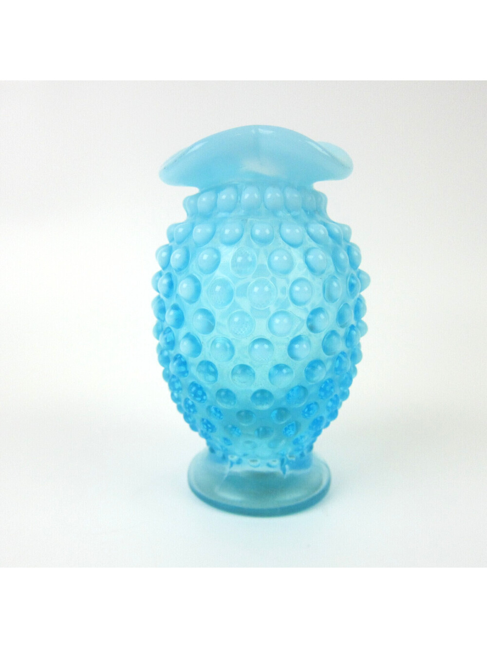 Vintage Fenton Blue Opalescent Glass Mini Vase Hobnail 4.5" Crimped Ruffle Rim